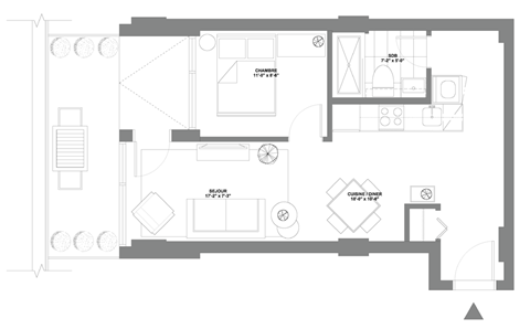 Floor plan for 1 bed, 1 bath, 485 sqft